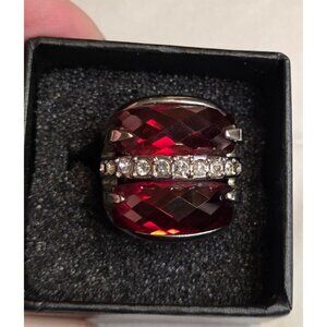 Cocktail Ring Red Multifaceted Glass & Rhinestones Rhodium Plated Size 6
